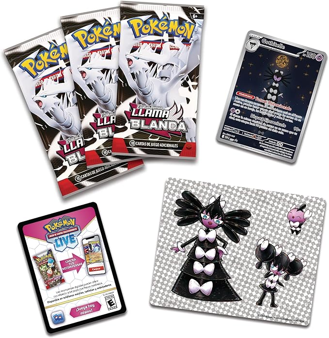 Pokemon: Scarlet & Violet  Flama Blanca Tech Sticker Gothitelle Collection  3 Boosters ESPANOL